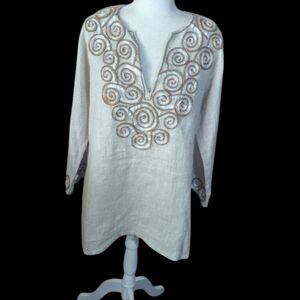 Oatmeal/Pink Neutral Cool Linen Long Tunic Quiet Luxury 3D Swirl Embroidery Sz L